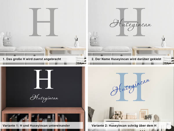 Verschiedene Anordnungen des Wandtattoos Huseyincan