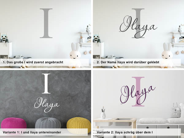 Verschiedene Anordnungen des Wandtattoos Ilaya