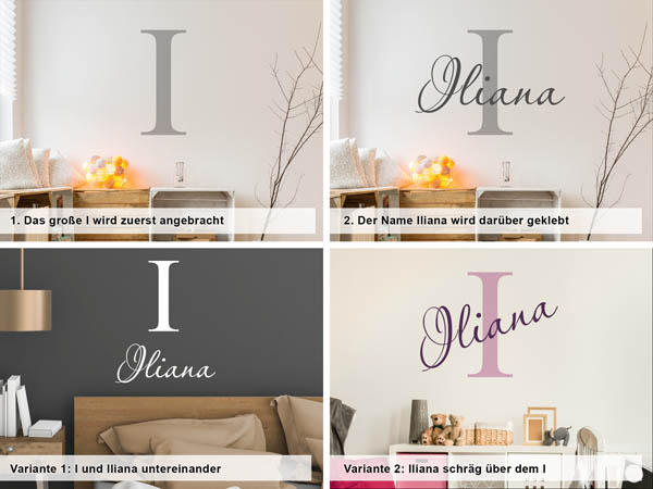 Verschiedene Anordnungen des Wandtattoos Iliana