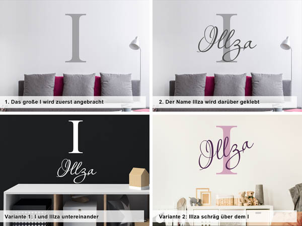 Verschiedene Anordnungen des Wandtattoos Illza