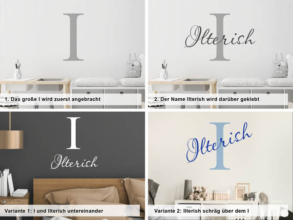 Verschiedene Anordnungen des Wandtattoos Ilterish