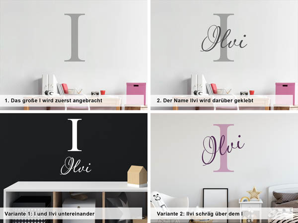 Verschiedene Anordnungen des Wandtattoos Ilvi