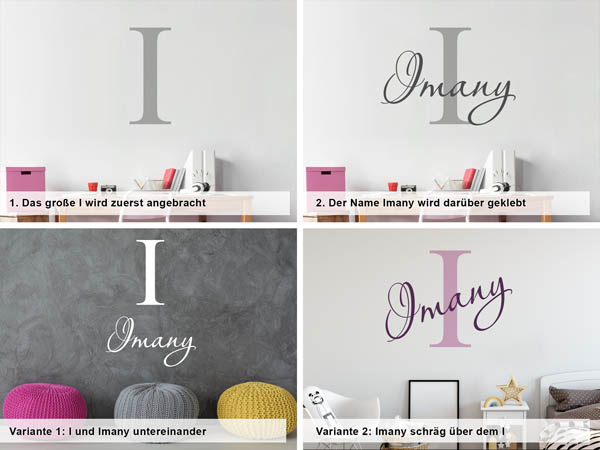 Verschiedene Anordnungen des Wandtattoos Imany