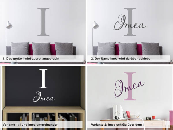 Verschiedene Anordnungen des Wandtattoos Imea