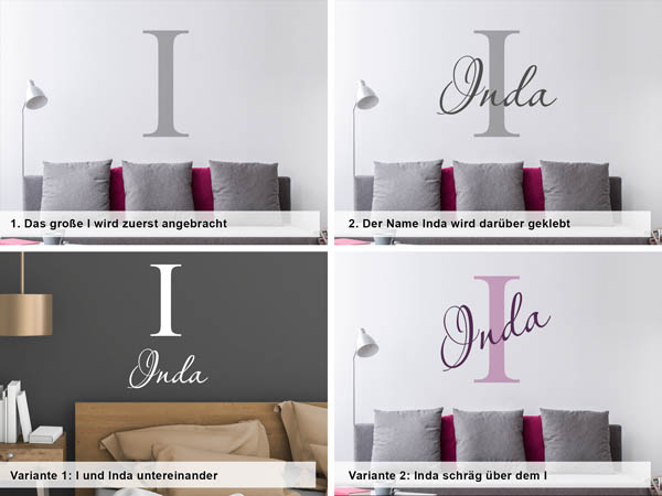 Verschiedene Anordnungen des Wandtattoos Inda