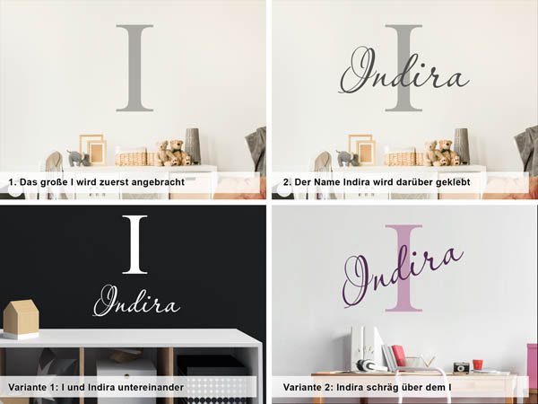 Verschiedene Anordnungen des Wandtattoos Indira
