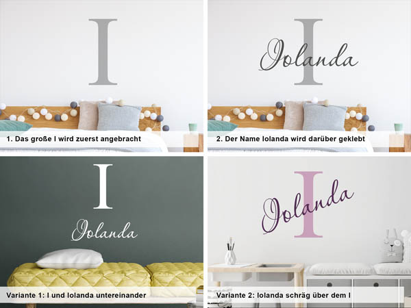 Verschiedene Anordnungen des Wandtattoos Iolanda