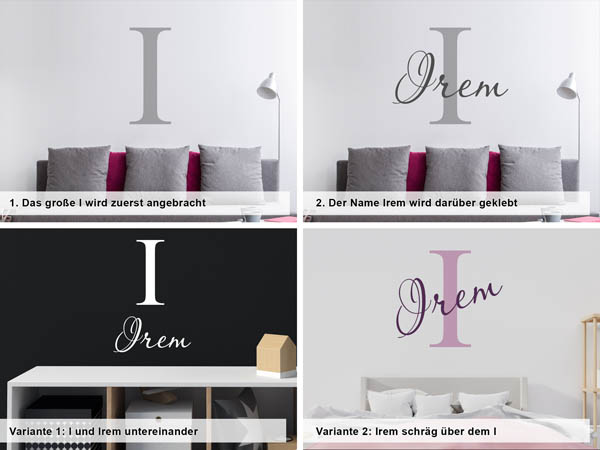 Verschiedene Anordnungen des Wandtattoos Irem