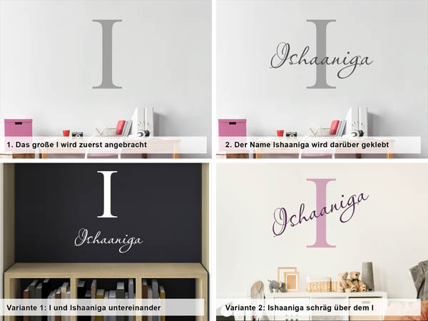 Verschiedene Anordnungen des Wandtattoos Ishaaniga