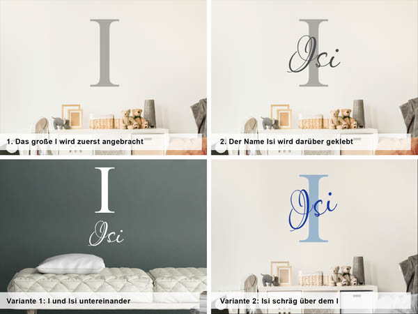 Verschiedene Anordnungen des Wandtattoos Isi