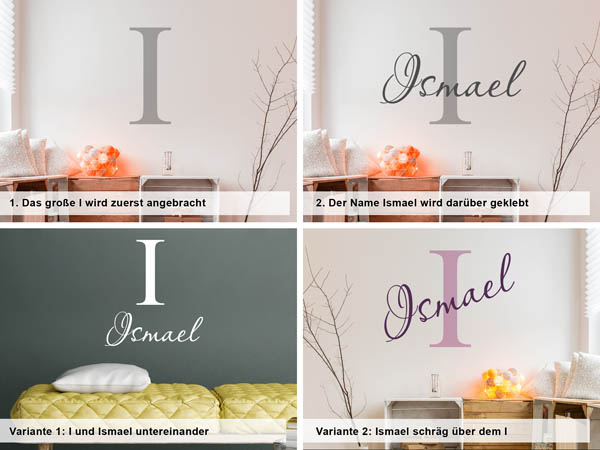 Verschiedene Anordnungen des Wandtattoos Ismael