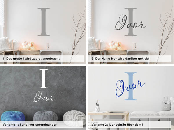 Verschiedene Anordnungen des Wandtattoos Ivor