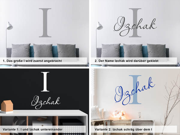 Verschiedene Anordnungen des Wandtattoos Izchak