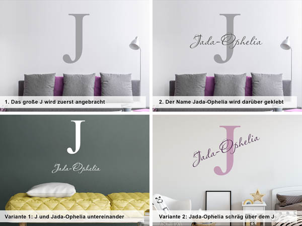 Verschiedene Anordnungen des Wandtattoos Jada-Ophelia