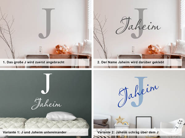 Verschiedene Anordnungen des Wandtattoos Jaheim