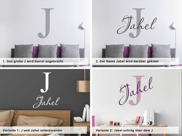 Verschiedene Anordnungen des Wandtattoos Jahel