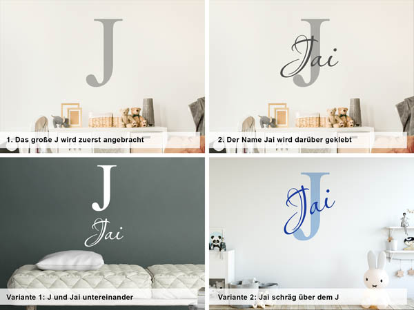 Verschiedene Anordnungen des Wandtattoos Jai