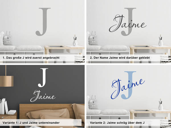 Verschiedene Anordnungen des Wandtattoos Jaime
