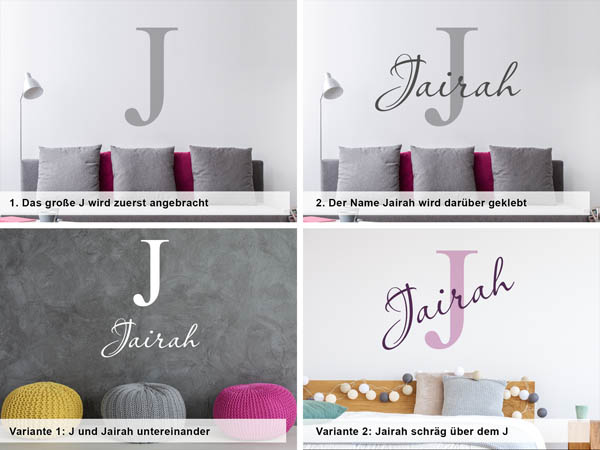 Verschiedene Anordnungen des Wandtattoos Jairah