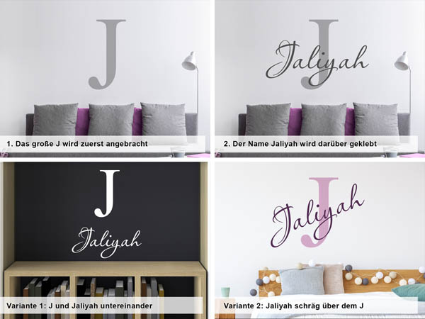 Verschiedene Anordnungen des Wandtattoos Jaliyah