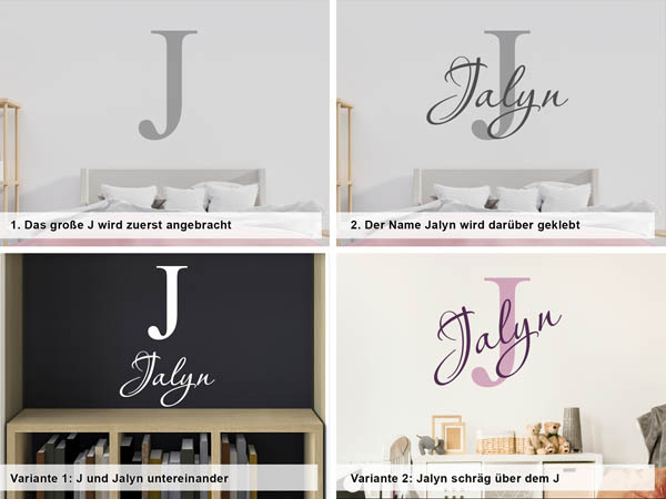 Verschiedene Anordnungen des Wandtattoos Jalyn