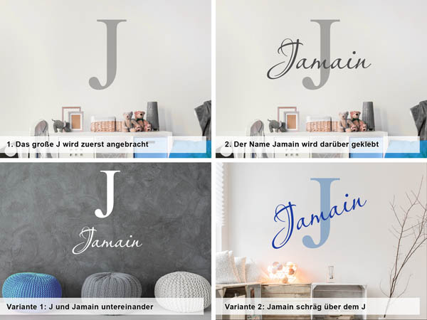 Verschiedene Anordnungen des Wandtattoos Jamain