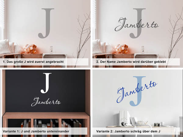Verschiedene Anordnungen des Wandtattoos Jamberto