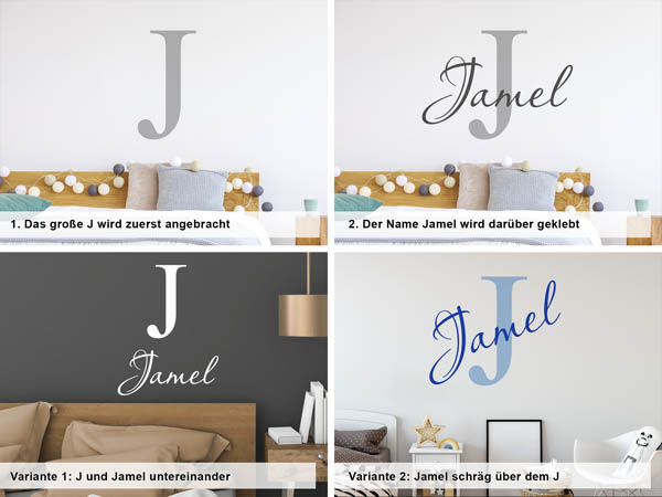 Verschiedene Anordnungen des Wandtattoos Jamel