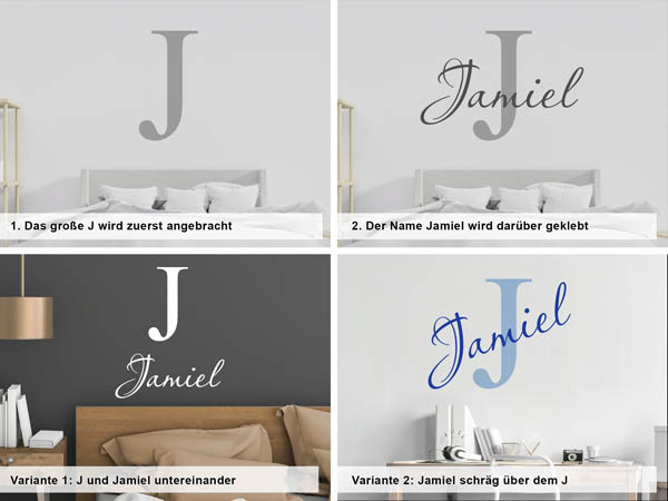 Verschiedene Anordnungen des Wandtattoos Jamiel