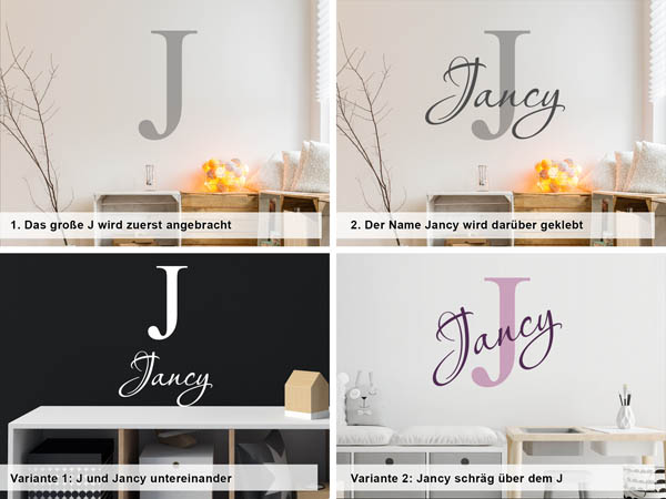 Verschiedene Anordnungen des Wandtattoos Jancy
