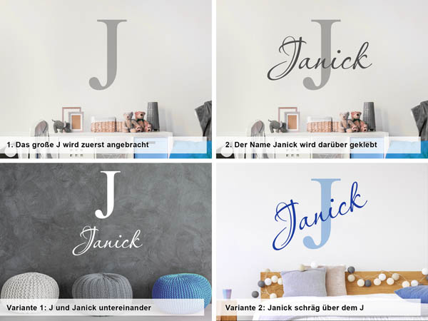 Verschiedene Anordnungen des Wandtattoos Janick