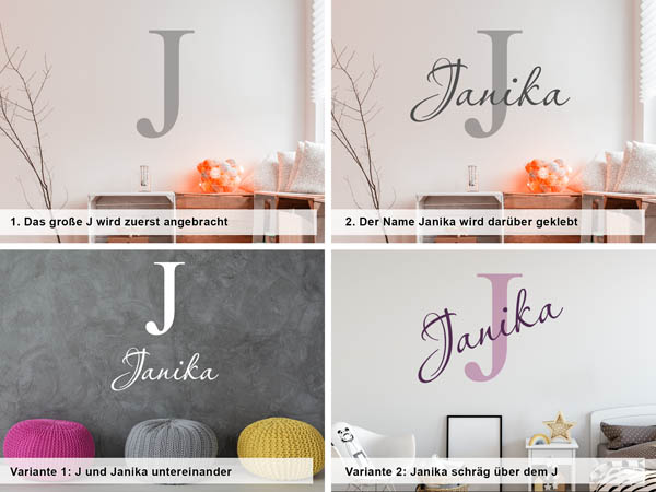 Verschiedene Anordnungen des Wandtattoos Janika