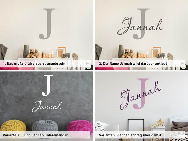 Verschiedene Anordnungen des Wandtattoos Jannah