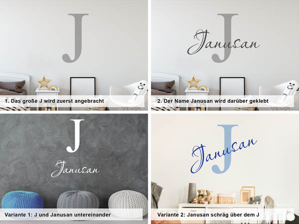 Verschiedene Anordnungen des Wandtattoos Janusan