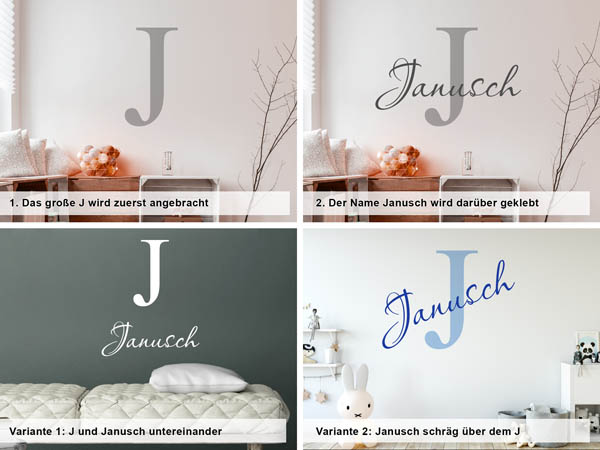 Verschiedene Anordnungen des Wandtattoos Janusch