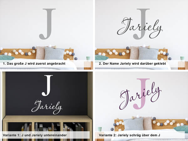 Verschiedene Anordnungen des Wandtattoos Jariely