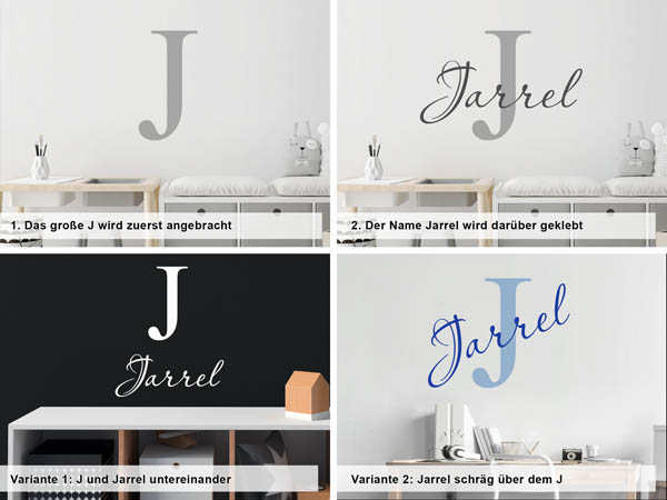 Verschiedene Anordnungen des Wandtattoos Jarrel