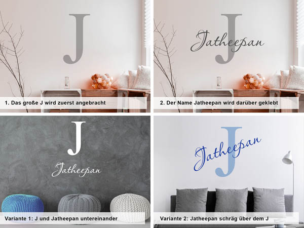 Verschiedene Anordnungen des Wandtattoos Jatheepan