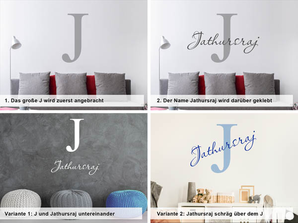 Verschiedene Anordnungen des Wandtattoos Jathursraj