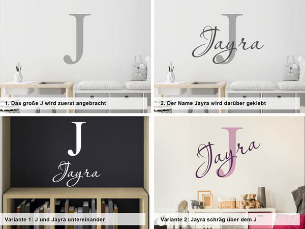 Verschiedene Anordnungen des Wandtattoos Jayra