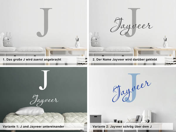 Verschiedene Anordnungen des Wandtattoos Jayveer