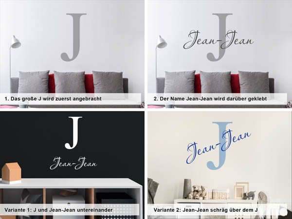 Verschiedene Anordnungen des Wandtattoos Jean-Jean