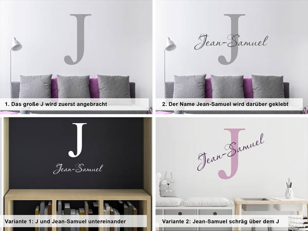 Verschiedene Anordnungen des Wandtattoos Jean-Samuel