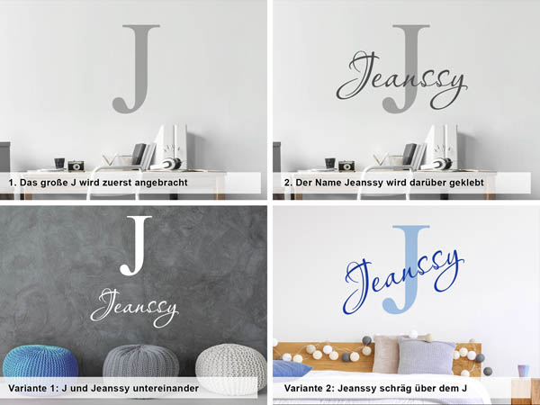 Verschiedene Anordnungen des Wandtattoos Jeanssy