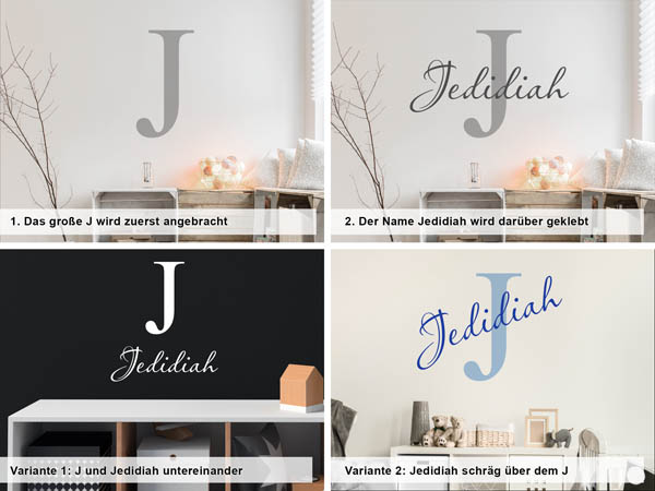 Verschiedene Anordnungen des Wandtattoos Jedidiah