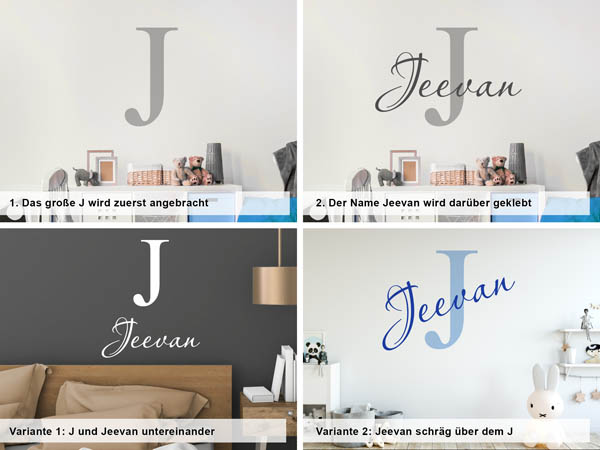 Verschiedene Anordnungen des Wandtattoos Jeevan