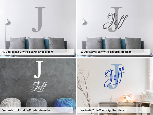 Verschiedene Anordnungen des Wandtattoos Jeff