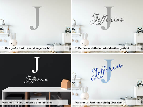 Verschiedene Anordnungen des Wandtattoos Jefferino