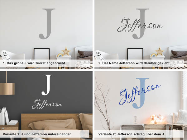 Verschiedene Anordnungen des Wandtattoos Jefferson