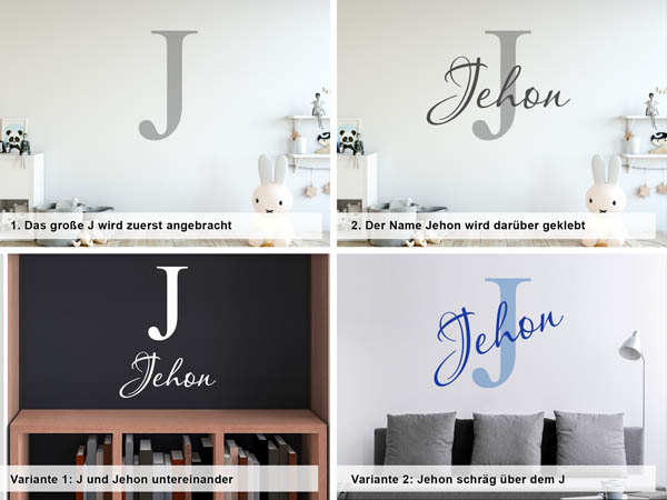 Verschiedene Anordnungen des Wandtattoos Jehon